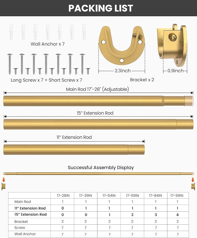 Supforce Closet Rods for Hanging Clothes, 17 to 99 Inches Stepless Adjustable Metal Closet Rod, 1.3 Inches Heavy Duty Clothes Hanging Rod for Closet Wardrobes Laundry RV, Golden