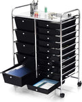 DREAMADE Rolling Cart with 15 Drawers, Clear Plastic Drawer Organizer w/Lockable Wheels, Removable & 2-Sized Storage Drawers, Art Cart for School Home Art Supplies Crafts File Scrapbook (Black)