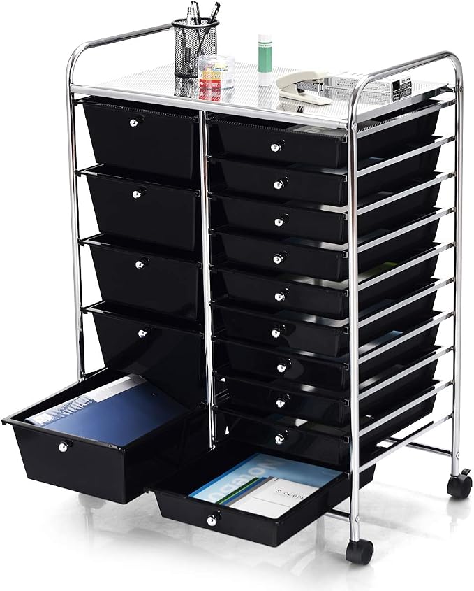 DREAMADE Rolling Cart with 15 Drawers, Clear Plastic Drawer Organizer w/Lockable Wheels, Removable & 2-Sized Storage Drawers, Art Cart for School Home Art Supplies Crafts File Scrapbook (Black)