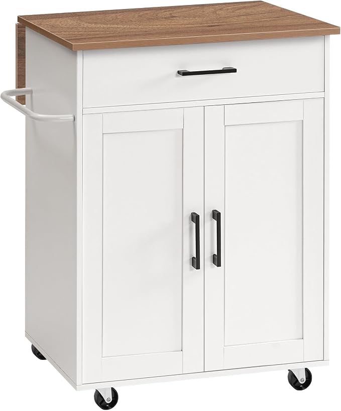 MAHANCRIS Kitchen Island on Wheels with Drop Leaf, Folding Countertop Kitchen Island Cart, Kitchen Island Table with Towel Rack, Drawer, for Kitchen, Dining Room, White and Walnut KIBZ12501