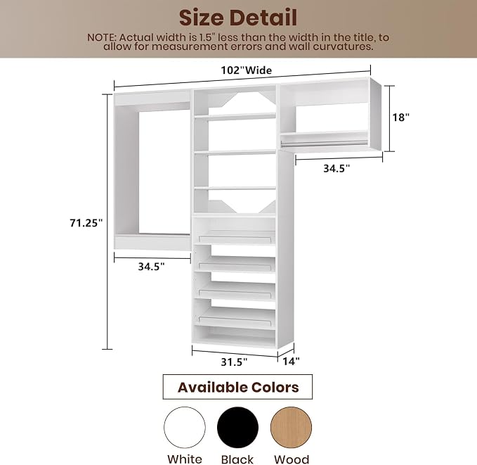 ROOMTEC Modular Closet System, 102" Wall Mounted Modern Closet Organizer with Hanging Rods and Shoe Shelf, Wooden Tower for Walk-In Closets, Wardrobe Storage Kit, White