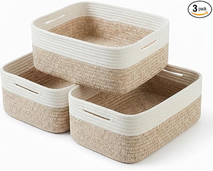 Large Shallow Basket, 15"x11"x5.1", Baskets for Organizing 3 Pack | Shallow Storage Basket for Shelves, Living Room, Nursery, Bathroom, Cotton Rope Basket Organizer, Decorative Flat Basket Tray