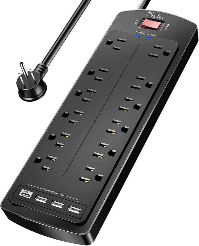 Power Strip, Nuetsa Surge Protector with 12 Outlets and 4 USB Ports, 6 Feet Flat Plug Extension Cord for Home, Office, Dorm Essentials, 2700 Joules, ETL Listed, Black