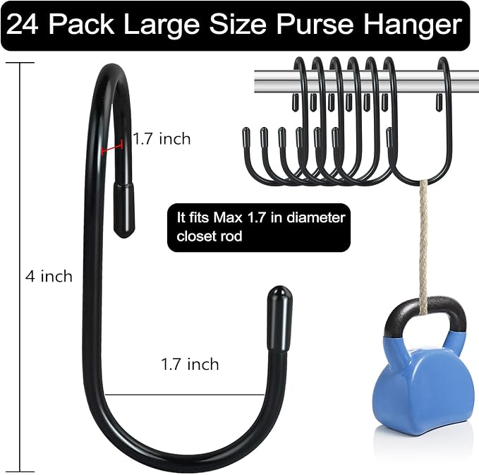 24 Pack Purse Hanger for Closet, Twist Design Hooks, Vinyl Coated Organizer, Large S Hooks for Hanging Bags, Purses, Handbags, Belts, Scarves, Hats, Black