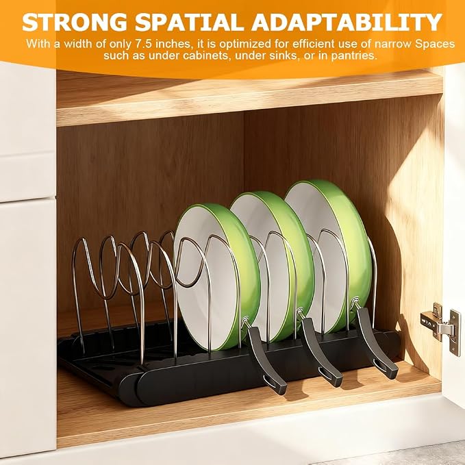 Expandable Pots and Pans Organizer Rack,with 10 Adjustable Compartments for Kitchen Cabinet or Under Sink 13"-23"Adjustable Pot Lid Holder for Cookie Sheets Cutting Boards Cookware(COLOR:Black)
