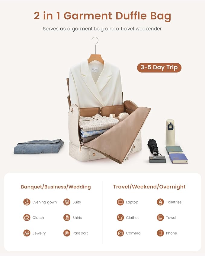 LOVEVOOK Convertible Garment Bag for Travel with Shoe Pouch, Carry On Garment Duffel Bag with Toiletry Bag, 2 in 1 Hanging Suitcase Suit Bag, Weekender Bag for Women Travel, Wedding, Beige
