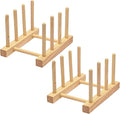 2 Pack Bamboo Dish Rack for Kitchen Cabinet and Countertop, Plate Organizer for Cabinet, Bowls, Cups, Utensils, Pot Lids and Bottles, Cutting Board Holder Stand and Storage.