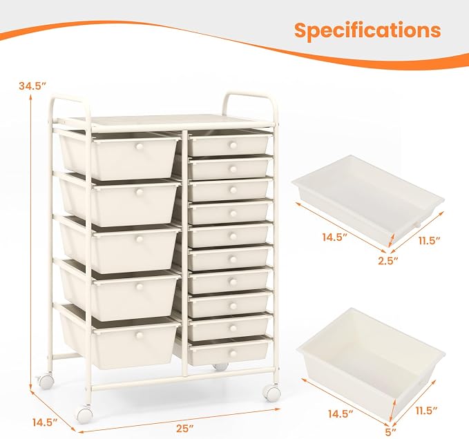 Giantex 15 Drawers Rolling Cart, Classroom Organizers, Storage Cart with Wheels, for Teacher Office Home School Supplies Tool Craft Art Paper
