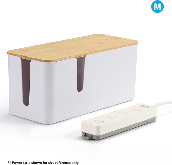 ZhiYo Large Cable Management Box, Thick ABS Power Strip Organizer, White | Extra-Tall Design for Oversized Adapters, Natural Bamboo Lid, Fits Power Strips Up to 12.5" Long, Ideal for Desks, TV Areas