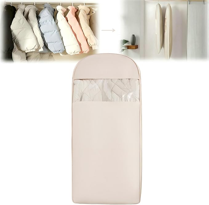 Space Saving Hanging Garment Bag with Self Compression Zipper, Update Space Saver Clothes Storage Organizer, Dust Cover Clothes Bags for Down Coat Suit Dress or Jacket (Beige, XL)