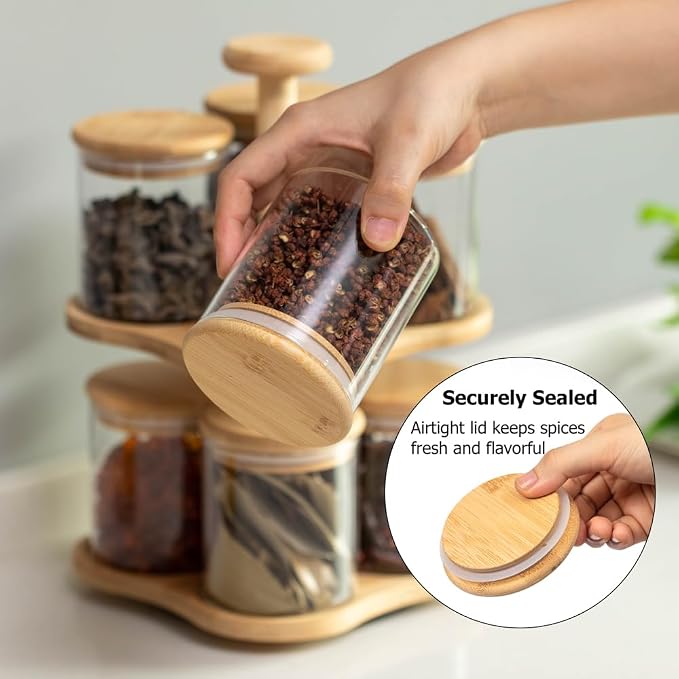 Basicwise Minimalist Two-Tier Bamboo Lazy Susan Turntable with 8 Pcs 12 oz Airtight Lid Glass Jars, Versatile Spice Rack Organizer, Perfect for Kitchen Countertops, Dining Tables, and Pantry Cabinets