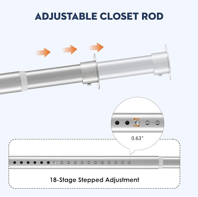 Heavy Duty Closet Rod, Adjustable 17-50 in, 1.3" Diameter | Silver, Metal, Suitable for Wardrobes, Bathrooms, Laundry Room, RV
