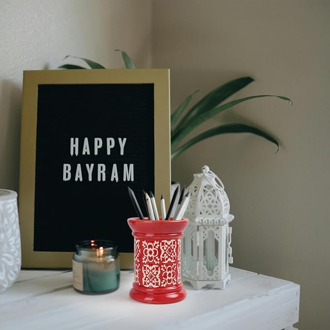 Printed Pencil Holder, Cute Pen Holder for Desk, Ceramic Carved Cylinder Pencil Holder, Office Decoration Container Islamic Style(Red)