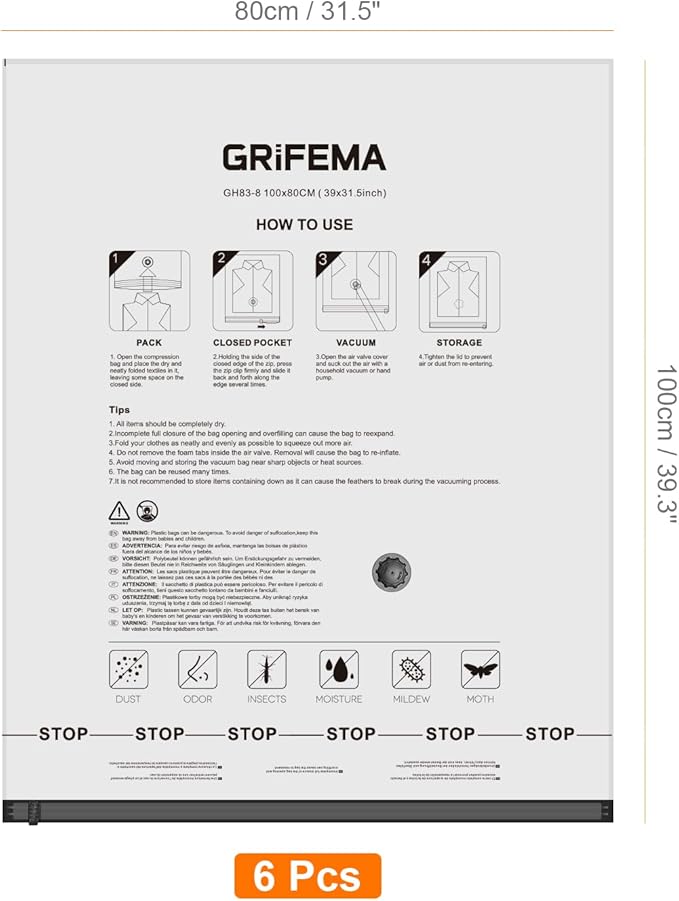 GRIFEMA GH83-8, 6 Pack Vacuum Storage Bags 100x80 cm - Reusable Space Saver Bags for Blankets, Duvets, Clothes, Seasonal Clothing & Travel Luggage Storage