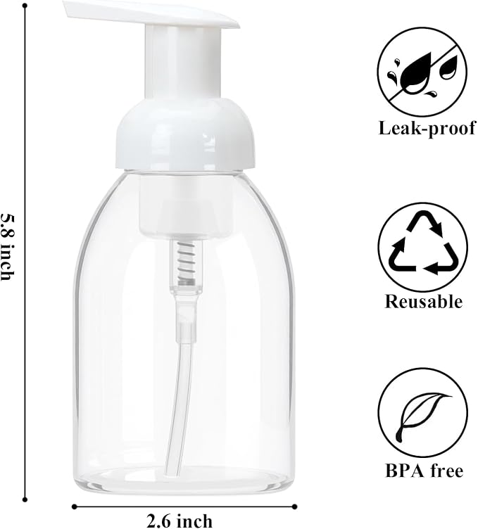 3 Pack 8oz Foaming Soap Dispenser BPA Free Clear Plastic Refillable Pump Bottle for Liquid Shampoo and Hand Soap