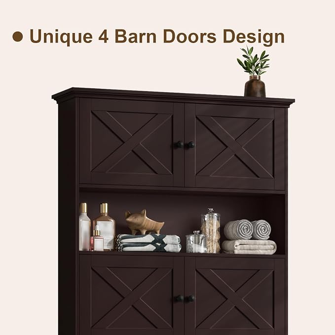 Halitaa Over The Toilet Storage Cabinet with Doors & Paper Holder, Espresso | Halitaa Farmhouse Toilet Shelf Home Space Saver with 4 Barn Doors & Toilet Paper Holder Stand for Restroom, Bathroom, Laundry