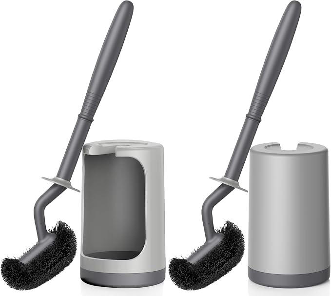 HAMITOR Toilet Bowl Brush Holder Set: Curved Design with Holder for Deep Cleaning Under Rim - Compact Hidden Cleaner Scrubber for Small Space - Home RV Bathroom Accessories - Gray 2 Pack