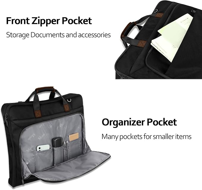 MATEIN Suit Garment Bag for Travel, Large Garment Bags for Hanging Clothes | Foldable Suit Carrier, Premium, 2 in 1 Hanging Suitcase Luggage, For Business, Shoulder Strap, Black Brown
