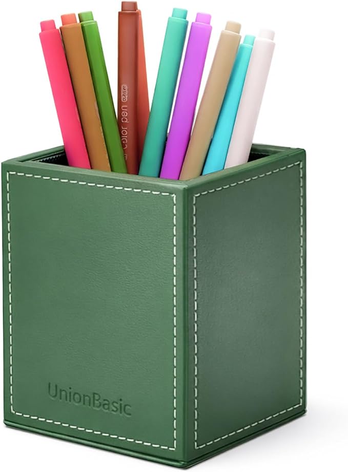 UnionBasic Square Pens Pencils Cup Holder Desk Stationery Organizer, Selected Faux Leather, Malachite Green