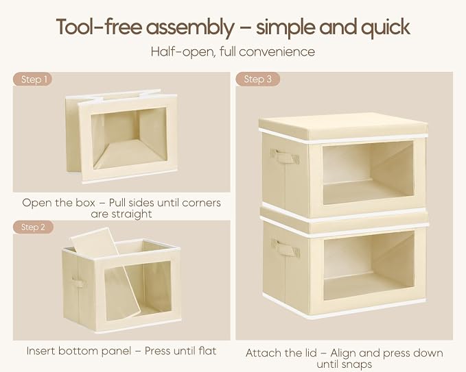 Homsorout Collapsible Storage Bins with Lids - Stackable Storage Containers with Window, 3 Pack Fabric Organizing Bins for Closet, Home & Office Organization Baskets, Beige, 14.9" x 9.8" x 9.8"
