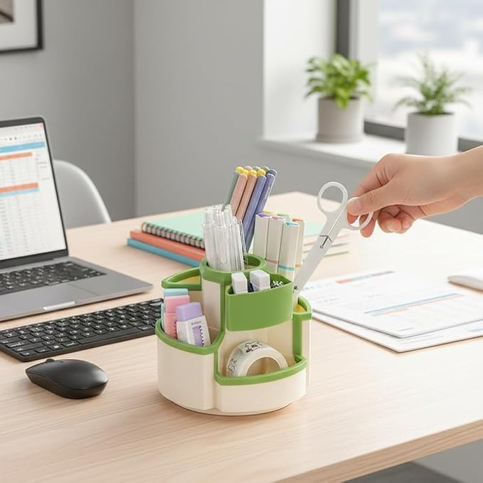 Pencil Holder for Desk Rotating Pen Organizers Green Small Desktop Organizer Desk Storage Caddy Ideal for Office, Home, School,Classroom (White & Green)