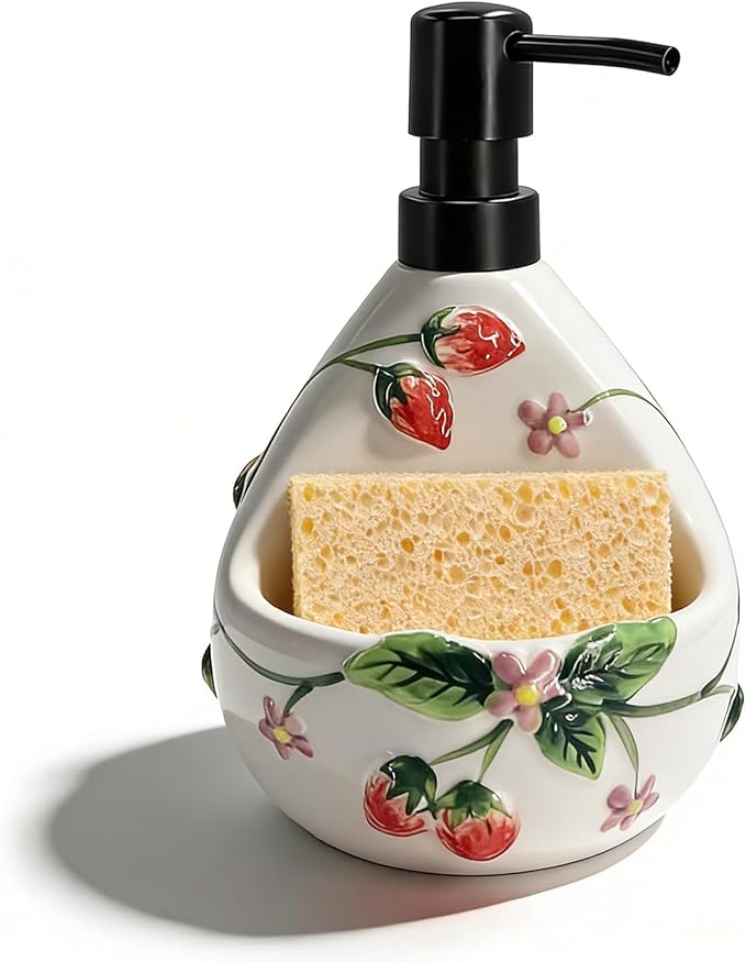 Ceramic Soap Dispenser with Sponge Holder,22oz Charming Strawberry 3D Embossed Design - 2-in-1 Kitchen Hand & Dish Liquid Soap Pump Set for Countertop Sink, Cute Cottagecore Character in White