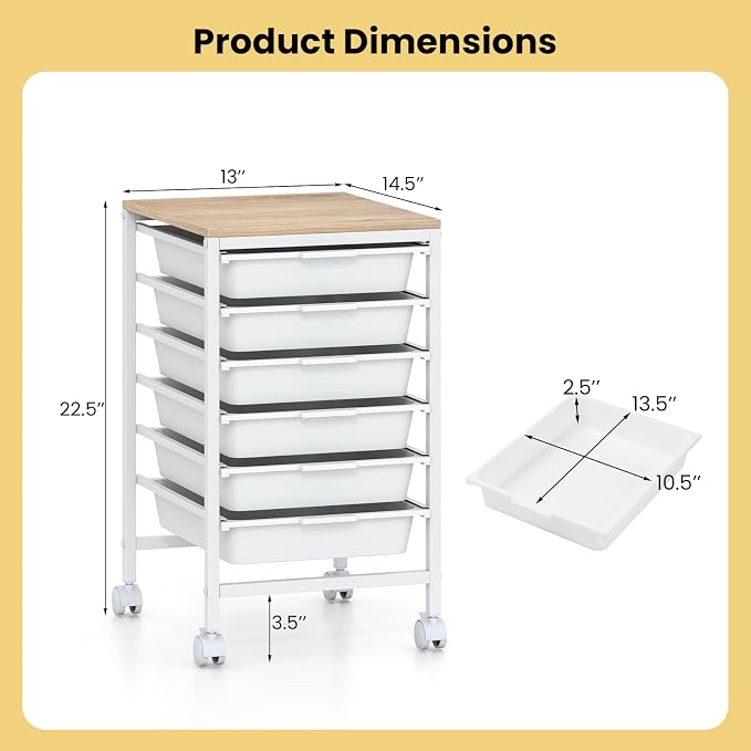 LDAILY Rolling Cart with Drawers, 6 Drawer Rolling Storage Cart with Wooden Tabletop, Metal Frame & Lockable Wheels, Craft Organizers and Storage for Home Office Classroom (White, 6 Drawer)