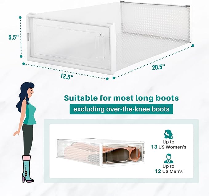 12-Piece Boot and Shoe Storage Box, Stackable Clear Plastic Shoe Box, Space-Saving Shoe Organizer for Boots, Sneakers, and High Heels, Clear