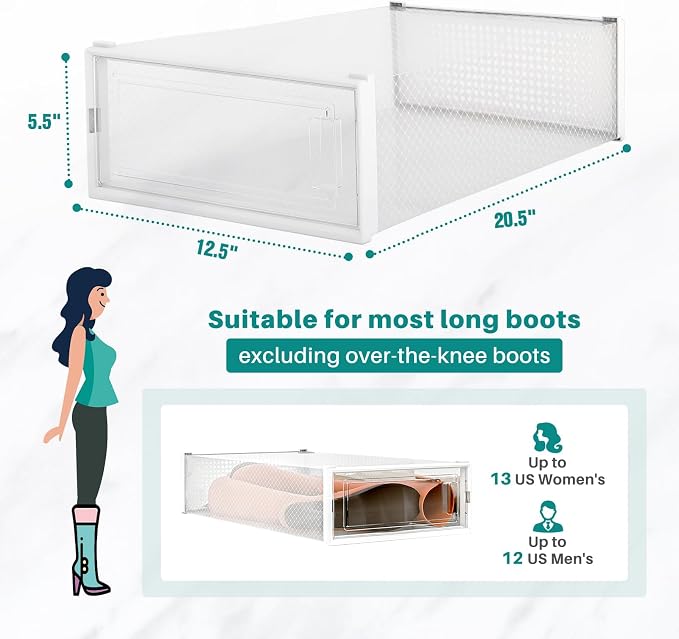 8-Piece Boot and Shoe Storage Box, Stackable Clear Plastic Shoe Box, Space-Saving Shoe Organizer for Boots, Sneakers, and High Heels, Clear