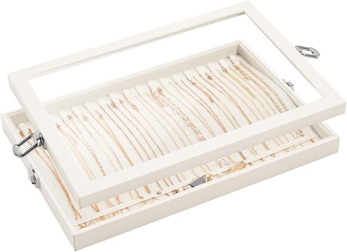 Lolalet Jewelry Organizer Tray with Lid, 18 Hooks Velvet Necklace Organizer Holder Storage Box for Drawer -Beige | Made of velvet cover, with lid, compact for drawers, 18 hooks for clear necklace organiser