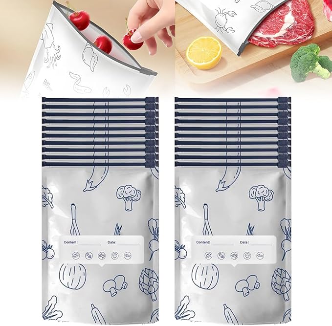 Reusable Aluminum Foil Sealable Storage Bags, Vacuum Zipper Pouches with Label and Stand Up Bottom Design, Leakproof Durable Food Storage Bags for Vegetables Fruits Meat (20, Large)