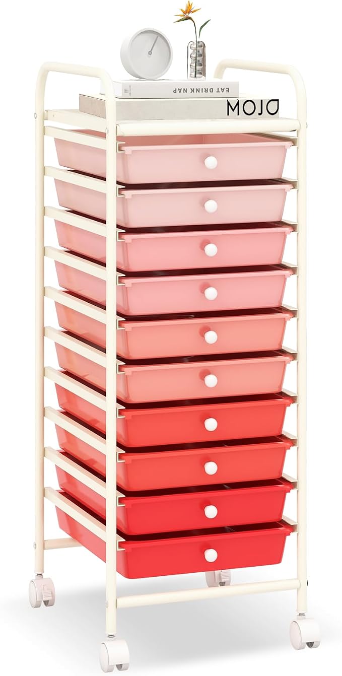 LDAILY 10-Drawer Rolling Storage Cart, Rolling Storage Cart, Storage Organizer on Wheels, Metal Frame, Scrapbook Paper Tools, Suitable for Office School, Classroom (Gradient Pink, 10 Drawer)