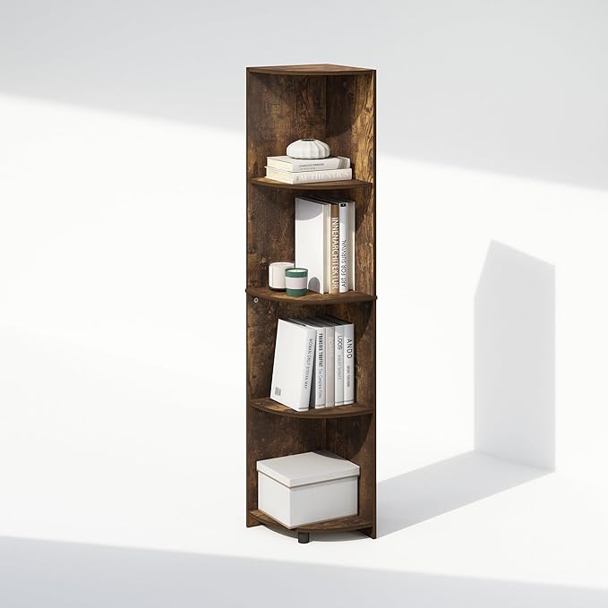 Furinno Basic Book Shelf, 4-Tier Bookshelf, Bookcase with Corner Shelf, 12 x 12 x 57.1, for Living Room, Bedroom, Home Office, Amber Pine