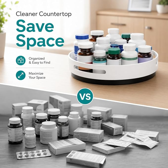 Medicine Cabinet Organizer, Lazy Susan Turntable for Pill Bottles and Vitamin Storage, White Plastic Rotating Tray with Side Grip Openings for Bathroom, Pantry, Vanity