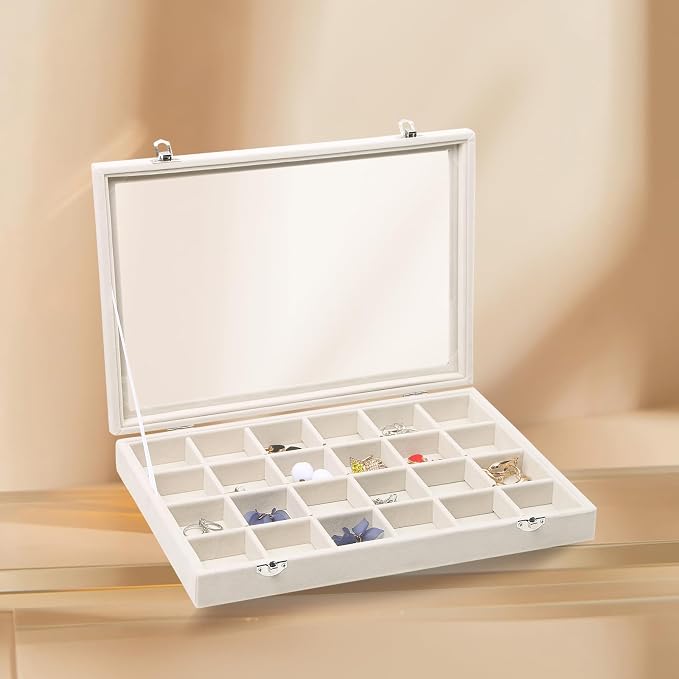 Stratalife Jewelry Organizer Jewelry Tray with See-through Lid 24 Grids Earring Display Showcase Large Velvet Storage Box for Earring Necklace Rings Dice Beige