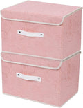 ANMINY 2PCS Fabric Storage Bin with Lid Rose Print Storage Box Basket with PU Leather Handles Washable PP Plastic Board Decorative Foldable Lidded Shelf Closet Organizer Container - Pink, Medium