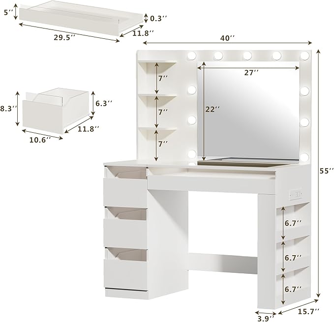 HUAHUU Vanity Desk with Lighted Mirror & Transparent Top, Makeup Vanity Desk with 4 Transparent Drawers and RGB Lighting, Built-in Power Outlet, 3-Tier Side Shelves & Storage Organizer for Bedroom