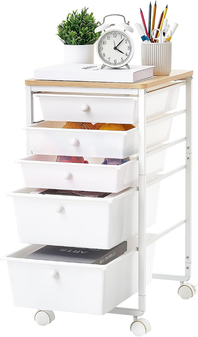 VEVOR Rolling Cart with Drawers, 5 Drawer Storage Organizer, Mobile Utility Cart with Wood Top, Steel Frame, Universal Casters & 2 Brakes, for Office, Classroom, Craft Supplies, Bedroom, Makeup, White