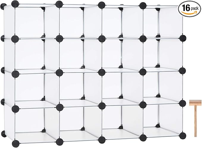 C&AHOME Plastic Shoe Rack,16-Cube Modular Shoes Storage Stand, Multifunction Closet Cabinet, Stackable Shoe Organizer for Bedroom Doorway Entryway Hallway, 36" L × 14.2" W × 28" H White SRP15A