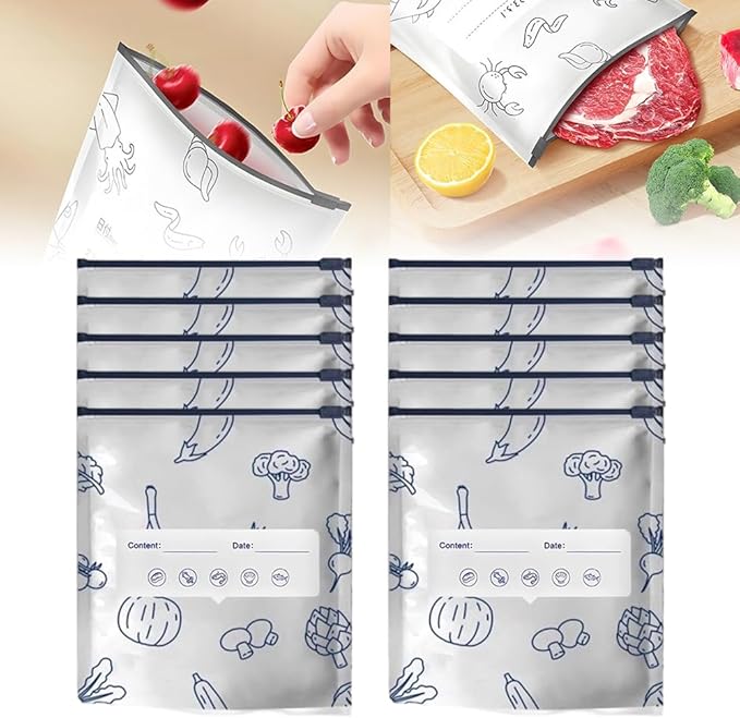 Reusable Aluminum Foil Sealable Storage Bags, Vacuum Zipper Pouches with Label and Stand Up Bottom Design, Leakproof Durable Food Storage Bags for Vegetables Fruits Meat (10, Medium)