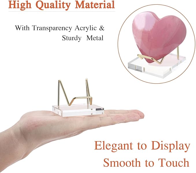 Hipiwe Metal Display Stand with Acrylic Base, Gold Business Card Holder Stand Rock Easel Stand for Fossil Coral, Mineral Rocks, Geodes, Agate Collectibles