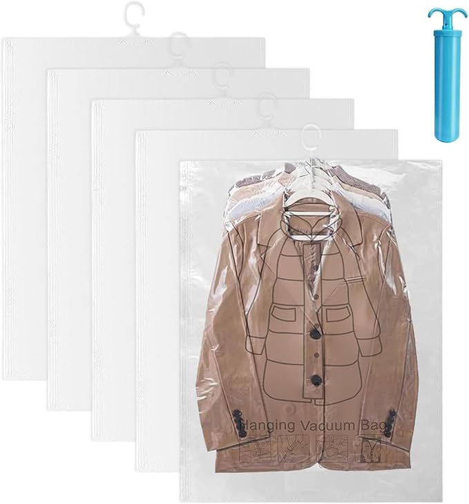 6Pcs Hanging Vacuum Storage Bags for Clothes, with Hand Pump Compressed Sealed Space Saver for Suits Dresses