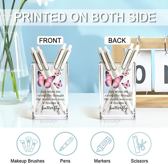 Just When The Caterpillar Thought The World Acrylic Pencil Holder Cup, Butterfly Pen Holder Gifts For Women Girls Sister, Inspirational Gifts for Daughter, Encouragement Gift for Teens Women
