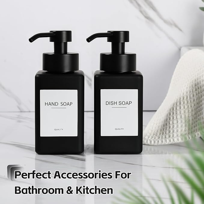 Black Foaming Hand Soap Dispenser, 12oz/350ml Glass Square Foam Soap Dispenser Set, 2Pcs Foaming Soap Dispenser with Foaming Pump, Refillable Soap Foam Dispenser for Bathroom, Kitchen