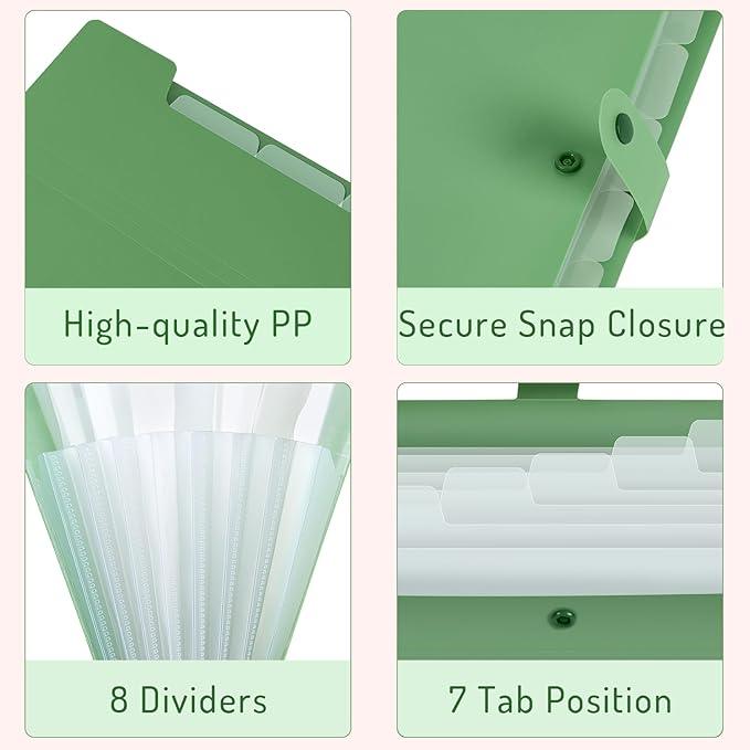 Forvencer Expanding File Folder with 8 Pocket, Letter Size Accordion File Organizer, Portable Folders for Documents, Cute Paper Organizer, Filling Products for School Office Supplies, Dark Green