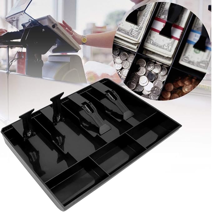 Cash Register Drawer Insert Tray with 4 Bill/3 Coin Compartments for Money Storage, Black