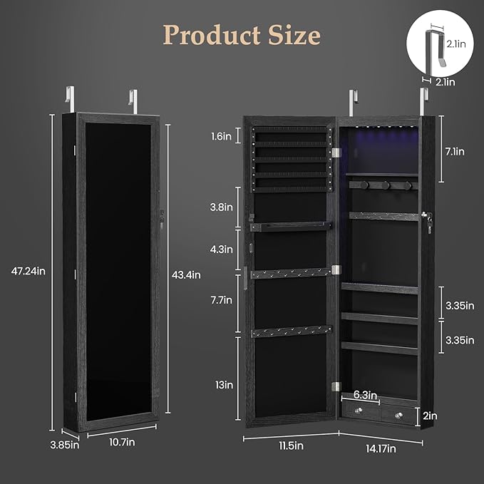 DUMOS Jewelry Armoire Cabinet with Full Length Mirror, 47.2" Tall Wall Mounted or Over the Door Jewelry Organizer with 33 Necklace Hooks, Lockable Large Capacity with Drawers, Black