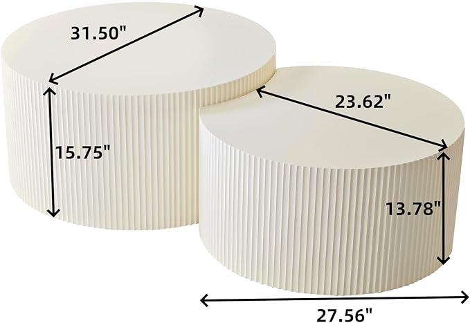 Nesting Coffee Table Set of 2, Modern Drum Side Table End Table, Wave Stripe Round Coffee Table for Living Room, Bedroom, Beige-02