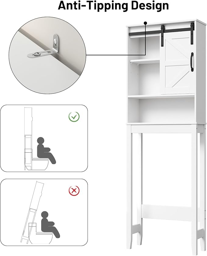 Over The Toilet Storage Cabinet, Bathroom Organizer with Adjustable Shelves and Anti-Tip Device, Space-Saving Storage Solution, White