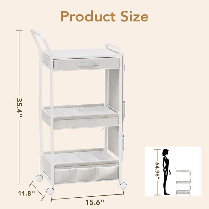 BBLIKE 3-Tier Diaper Caddy Organizer - Rolling Utility Baby Cart with Drawer and Side Pockets for Nursery and Baby Essentials, Multi-Function Cart for Bedroom and Bathroom, White